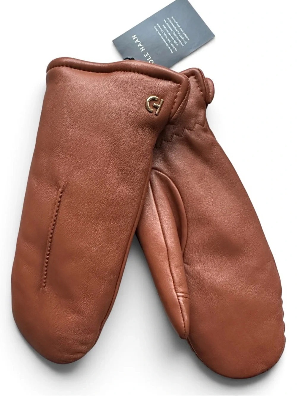 Cole Haan Leather Tech Touchscreen Faux Fur Lined Mittens British Tan NWT